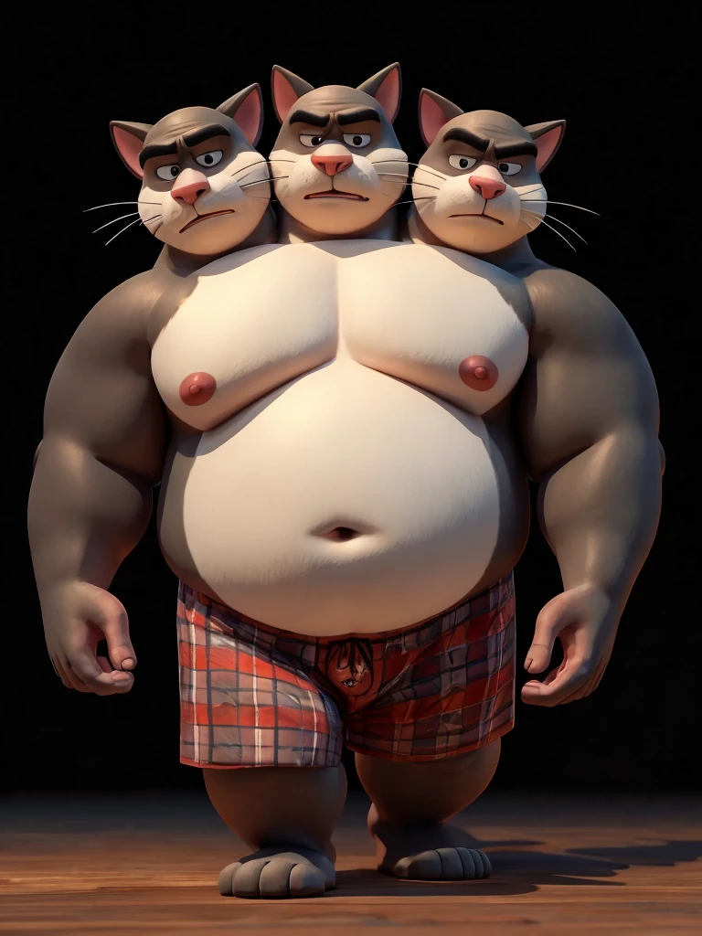 solo, cat, feline, twins, 60 year old male, walking, natural pose, different facial expressions, tired, bored, annoyed, three identical heads attached to the same body, cat ears, bald, (black fur, white belly), masculine, three necks, eyes, adult, male, 3d, by pixar, by disney, (tall, overweight, fat, chubby), black background, shirtless, navel, male nipples, boxers, correct hands, correct anatomy, ultradetailed, best quality, detailed masterpiece, highly detailed masterpiece, 4k, professional cartoon
