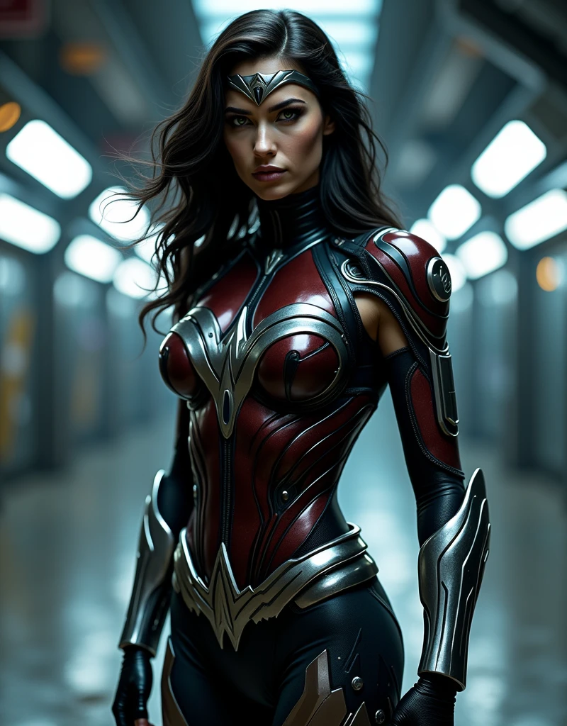 Wonder woman hyper realistic futuristic glossy black and white suit glowing neon lights suit cyberpunk