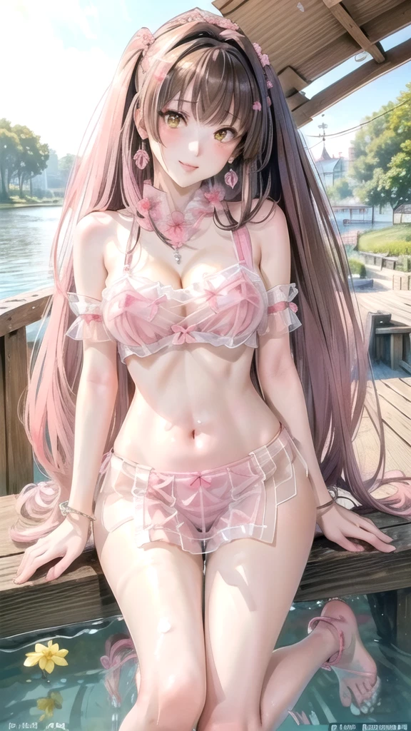 (((masterpiece, ultra HD, 8K quality))), (((clear and bright image))), anime, 1 woman, (((beautiful woman))), (((shining Brown Straight Long Hair, Pony tail, bangs bangs))), (((shining attractive eyes))), ((((beautiful Yellow eyes))))), (((eye highlights))), ((very long eyelashes, pale pink lips)), (((very large breasts))), cleavage, (((Bold and sexy poses))), looking at the viewer, navel, (((Beautiful smile))), water, thighs, bare shoulders, front tie top, arm support, narrow, ((((Pink see-through love uniform, Pink flower hair ornament))), bare feet, collarbone, neck ribbon, halter neck, water's edge, Earrings, necklaces, bangles, rings, anklets, (((Water Cottage in the background)))
