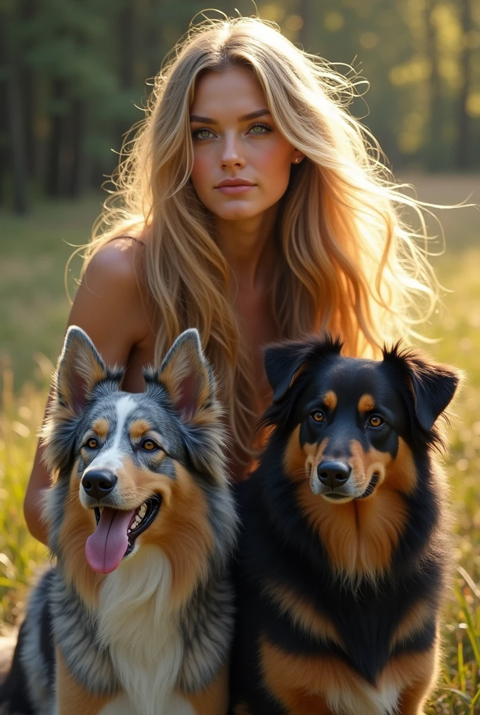 Long blonde hair woman with a blue merle australian shepherd dog and a black tricolor australian shepherd 