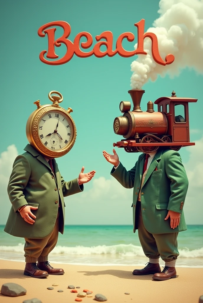 Guy with big watch instead of face pointing at guy with train instead of head and the word “beach” is written above guy with train instead of head