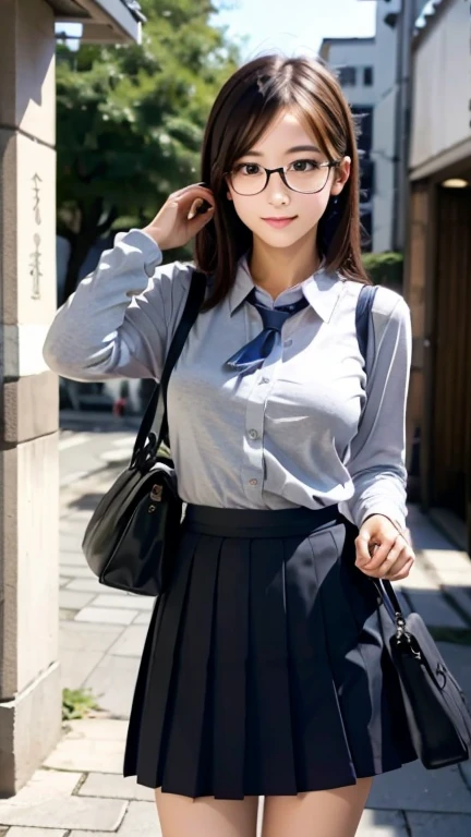 masterpiece, Highest quality, Very detailed, figure,, (Equipped:1.4), One girl, Glasses, Small breasts, tie, skirt, bag, school uniform, Black Hair, Outdoor, road, Between the breasts, street, school bag, Ground vehicles, danchi, Japan,,  