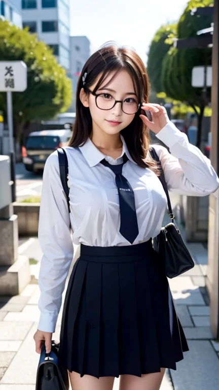 masterpiece, Highest quality, Very detailed, figure,, (Equipped:1.4), One girl, Glasses, Small breasts, tie, skirt, bag, school uniform, Black Hair, Outdoor, road, Between the breasts, street, school bag, Ground vehicles, danchi, Japan,,