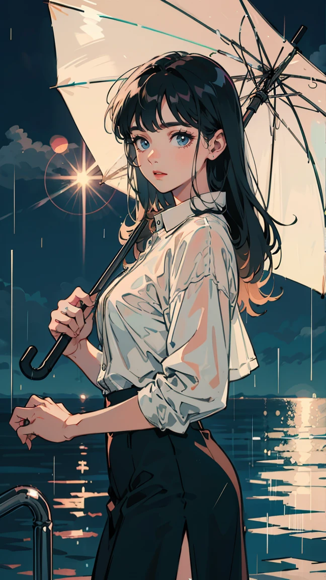 Angelic, One girl, Black and long straight hair, Sharp Hair, Facial Contour, Recall, rainy, In the city, Seaside, rain, Holding an umbrella, Lens flare, noon, bright, Natural Color, High resolution, Very delicate, Super detailed, 8k