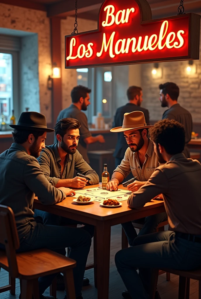 REALISTIC image of a bar called BAR LOS MANUELES WITH YOUNG SPANISH GYPSIES WITH SOMEWHAT DARK SKIN. HAand 4 JOVENES QUE JUEGAN AL (PARCHIS) in a table. 1 DE ELLOS CON BARBAR and OTRO CON UN SOMBRERO ANDALUZ,IN THE BACKGROUND OF THE IMAGE YOU CAN SEE SOME YOUNG PEOPLE STANDING. and EL CARTEL DEL BAR
EN LA MESA HAand UNA BOTELLA DE WHISKand RED LABEL, TAPAS DE PAPAS and ALITAS DE POLLO, and (4 MODERN WEAPONSPISTOLS)