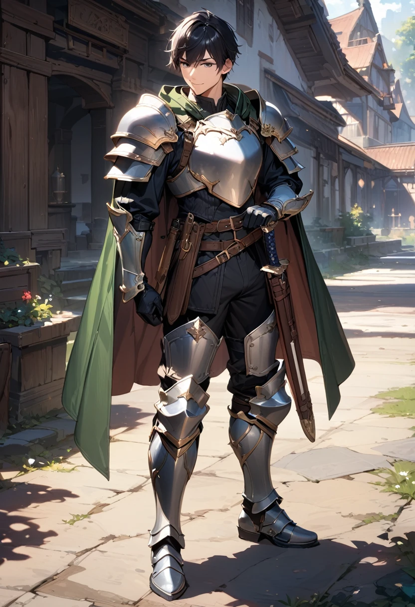 (masterpiece),(best quality),(ultra-detailed),(best illustration),(best shadow),(absurdres),(detailed background),(very aesthetic), 1boy, male-focus, armor, solo, cape, black-hair, gloves, holding, smile, belt, boots, full-body, standing, greaves, armored-boots, shoulder-armor, sheath, breastplate, pauldrons, short-hair, big bulge, large bulges in the crotch