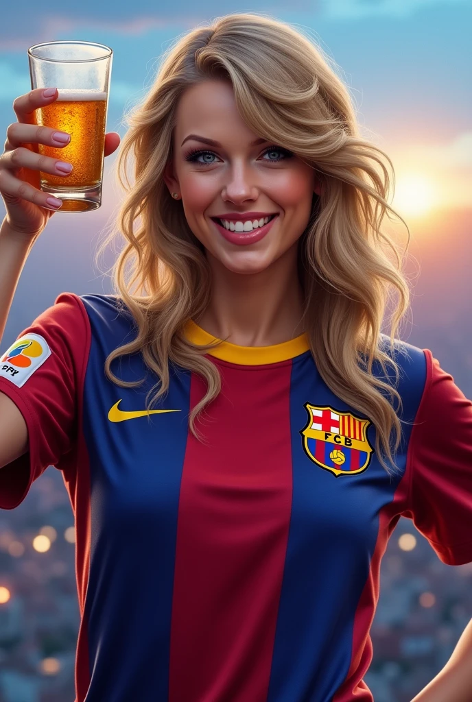 Make a picture of Taylor Swift wearing a Barca shirt and raising a glass
