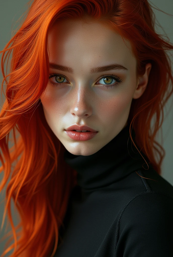 Create a red haired woman, that has a hard glass and is currently 