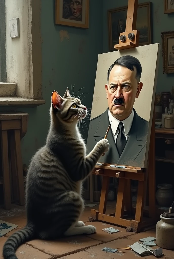 Existential crisis cat painting a picture of adolf hitler