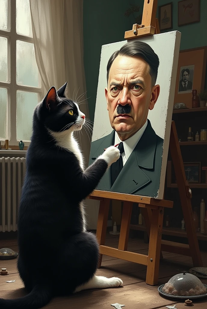 Existential crisis cat painting a picture of adolf hitler