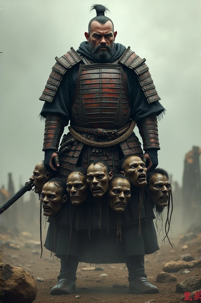 Create a samurai with heads hanging from his waist 