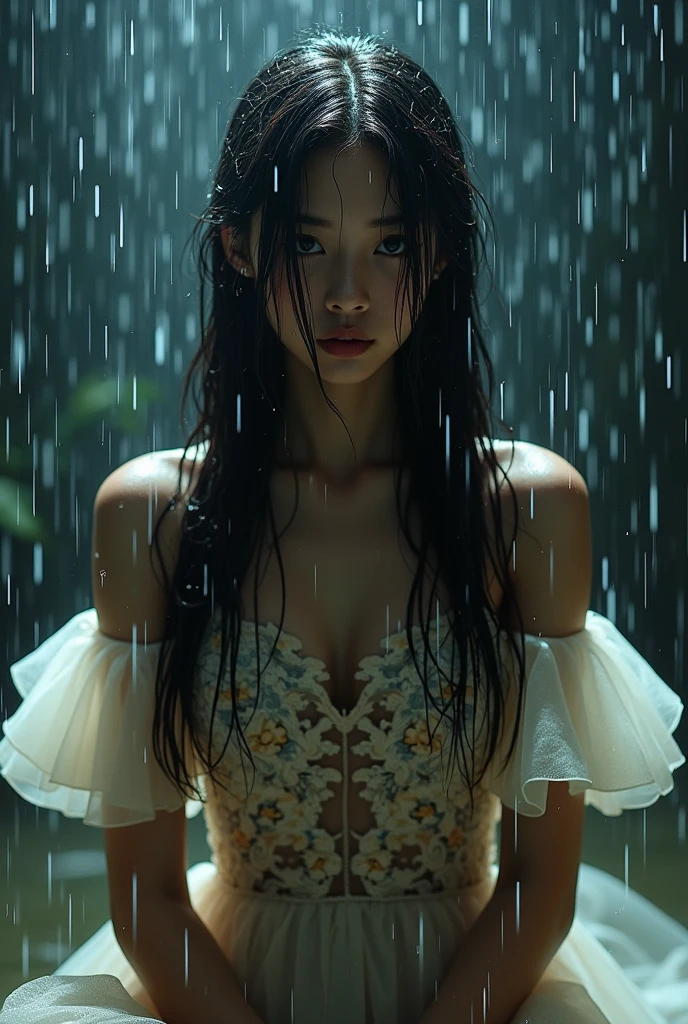 she likes to be very wet a high-resolution image capturing a young model with long, straight, wet hair covering her face under a rain with a water hose. the obscured face emits a cute, youthful vibe reminiscent of a 1 actress/model  asian. she adorns an elegant, voluminous gala dress with a floral pattern and voluminous sleeves,Cabello largo, Alta resolución, 