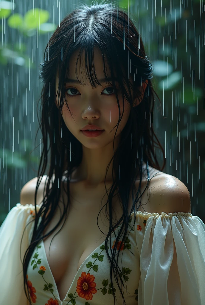 she likes to be very wet a high-resolution image capturing a young model with long, straight, wet hair covering her face under a rain with a water hose. the obscured face emits a cute, youthful vibe reminiscent of a 1 actress/model year 16 asian. she adorns an elegant, voluminous gala dress with a floral pattern and voluminous sleeves,Cabello largo, Alta resolución,