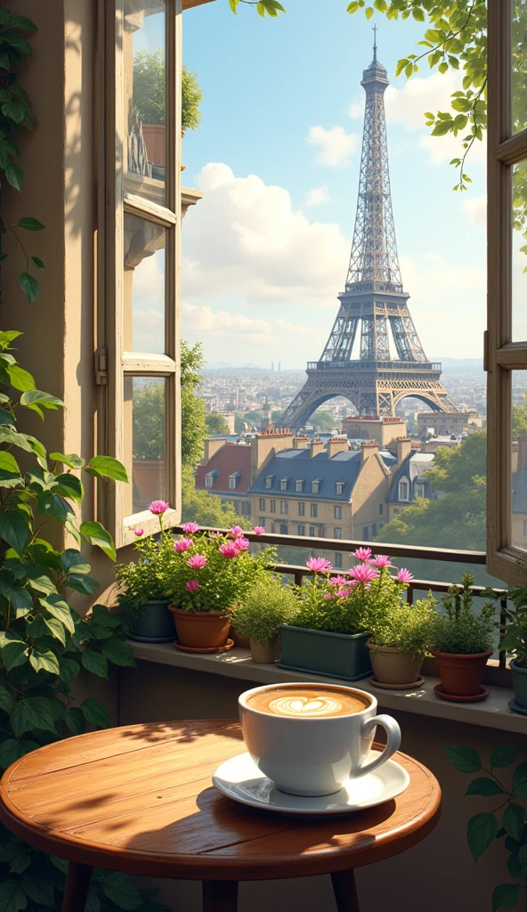 a cup of coffee sitting on top of a wooden table, beautiful terrace, terrace, balconies, paris background, balcony, sitting in french apartment, plants on balconies, pleasant cozy atmosphere, on a balcony, cozy cafe background, morning coffee, rooftop romantic, paris, with eiffel view, paris city, cozy place, springtime morning, cozy atmosphere, 4k hd, beautiful art uhd 4 k, a beautiful artwork illustration, beautiful digital painting, highly detailed digital painting, beautiful digital artwork, detailed painting 4 k, very detailed digital painting, rich picturesque colors, gorgeous digital painting