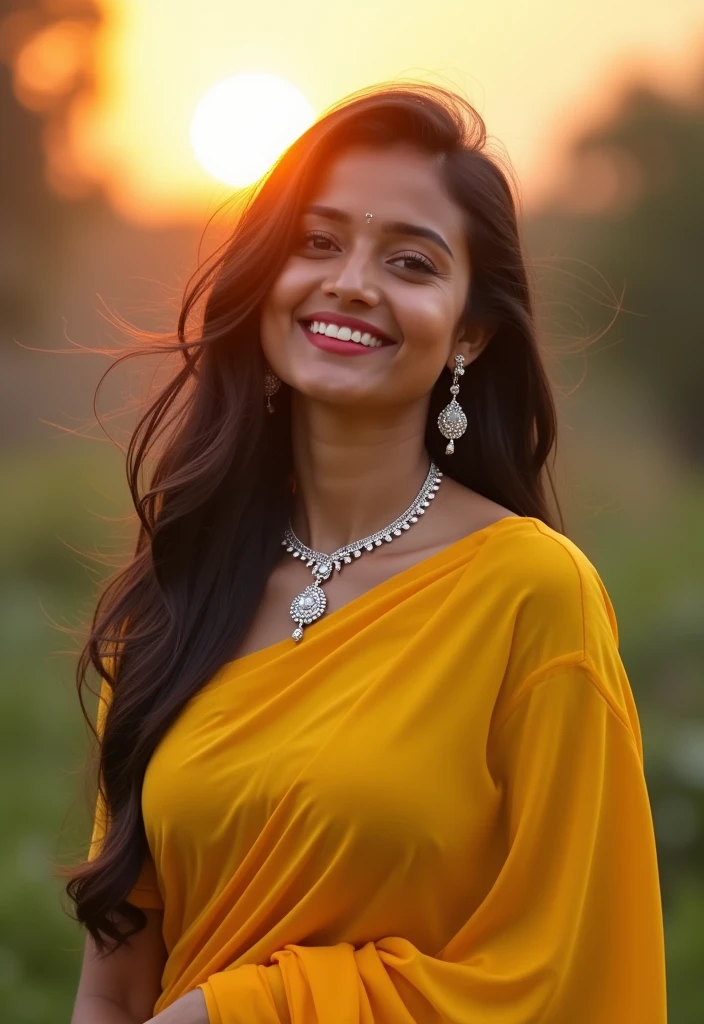 A medium shot of a joyful woman in a bright yellow saree, standing outdoors with a soft, warm sunset in the background, her smile radiant and her hair gently tousled by the breeze, have nice boobs, seducing body, delicate silver jewelry glinting in the fading light, shot with a Nikon Z7 II, 50mm f/1.4 lens, vibrant colors highlighting the golden hues of the saree and the natural glow of the evening sun