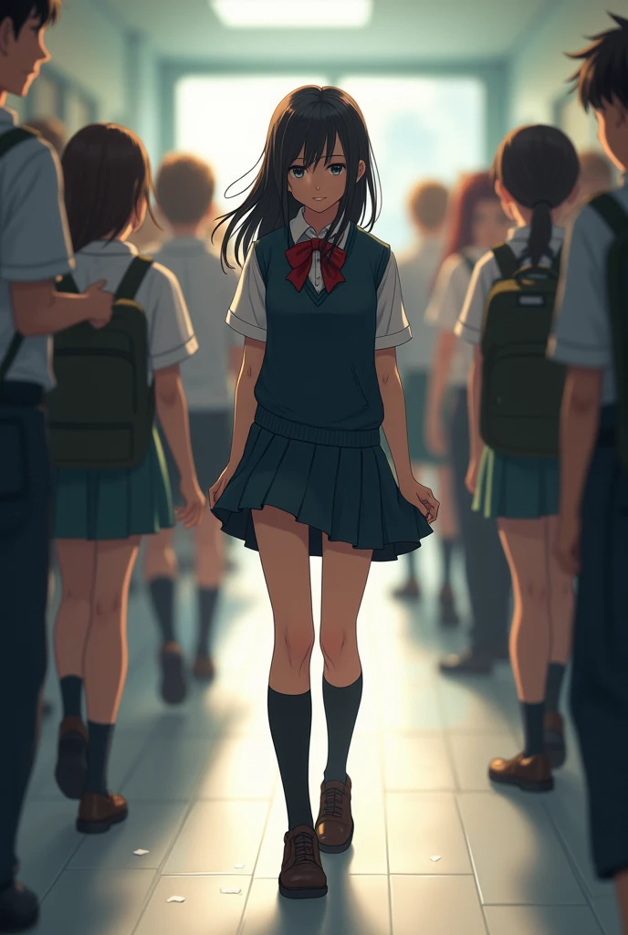 A man dressed in a schoolgirl's clothing tries not to give himself away.