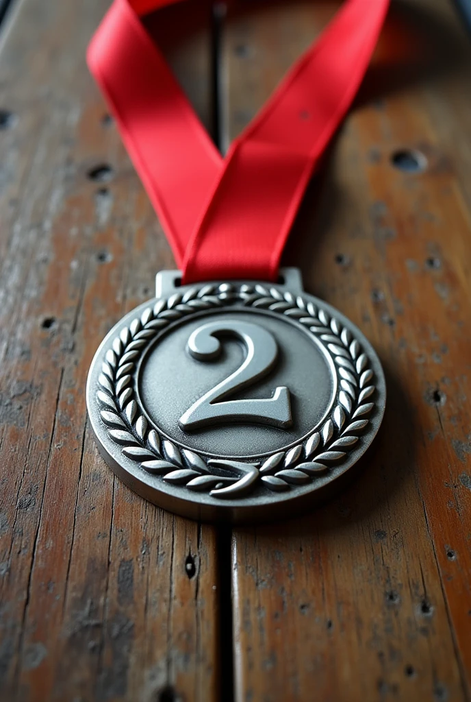 Second place medal on a wooden table, that looks like it was taken from a phone, with 720p quality and top view