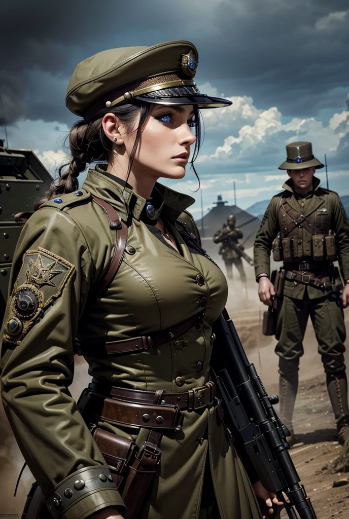 
a woman in a steampunk military uniform in a battlefield with some unusual and surreal soldiers nearby,dynamic, High Resolution, Accurate, Best Quality, High Details, Super Detailed, Blue eyes, Makeup, Surprised, From Side, 