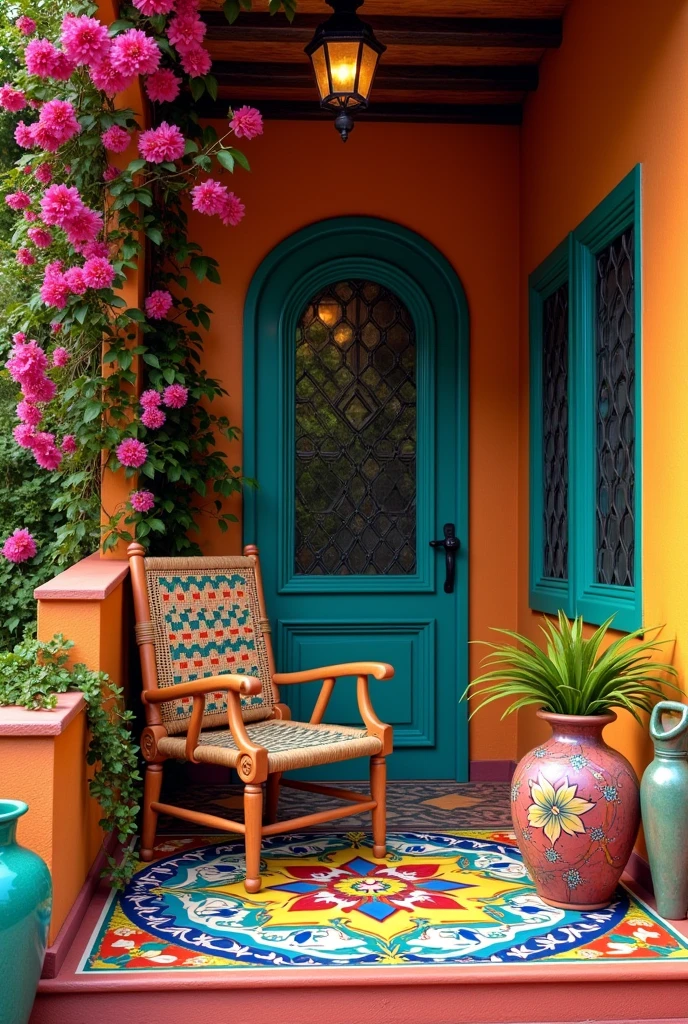 Colorful Mexican front porch with talavera tiles, bougainvillea climbing the wall, a wood chair with woven seat, painted in bright fluorescent talavera patterns, and colorful pottery