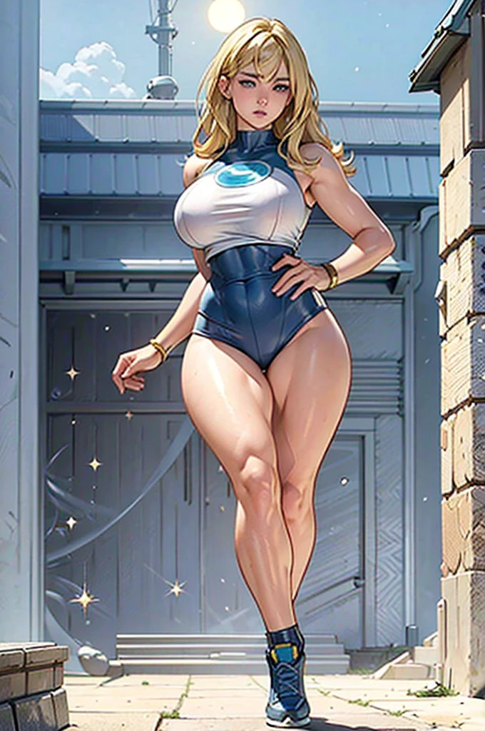 A beautiful woman, blonde, face like Sydney Sweeney, Marvel and DC style superhero, full body, very sensual, beautiful body and trained in the gym, large breasts, thick thighs, thin waist, has the power of lunar and solar energies, 8k, running in the city.