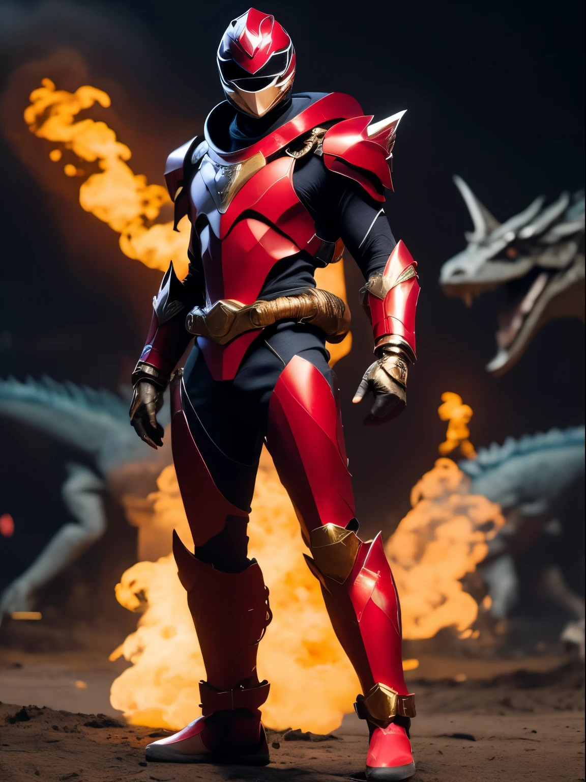 Create an image of the Red Power Ranger, an iconic character from the Power Rangers franchise, as if it were a profile photo showing the character from the waist up. The Ranger should be wearing a striking red suit with white diamond-shaped patterns across the chest. Add gold details to the suit, such as on the gloves, boots, and around the edges of the armor, to give it an enhanced, powerful look. The helmet should have a sleek, aerodynamic design with a black visor that completely covers the eyes, with silver detailing around the visor area, and a gold emblem of the character's specific animal or dinosaur, like the Tyrannosaurus Rex for the original Mighty Morphin Power Rangers.
The Red Ranger should be in a confident and powerful pose, perhaps with arms crossed or holding his signature weapon, like the Power Sword. The image should focus on the details of the suit and helmet, with vibrant colors and lighting that highlights the intense red and added gold elements.
Surround the character with visual effects, such as glowing particles, sparks, and dynamic energy waves, to emphasize the action-packed nature of the scene. The background can be simple, with a solid color or a subtle effect that complements the character, allowing the Red Ranger to stand out as the main focus e faça ele mais perto como uma foto de perfil ele tem que estar fazendo alguma ação com as mãos, faça mais colorido