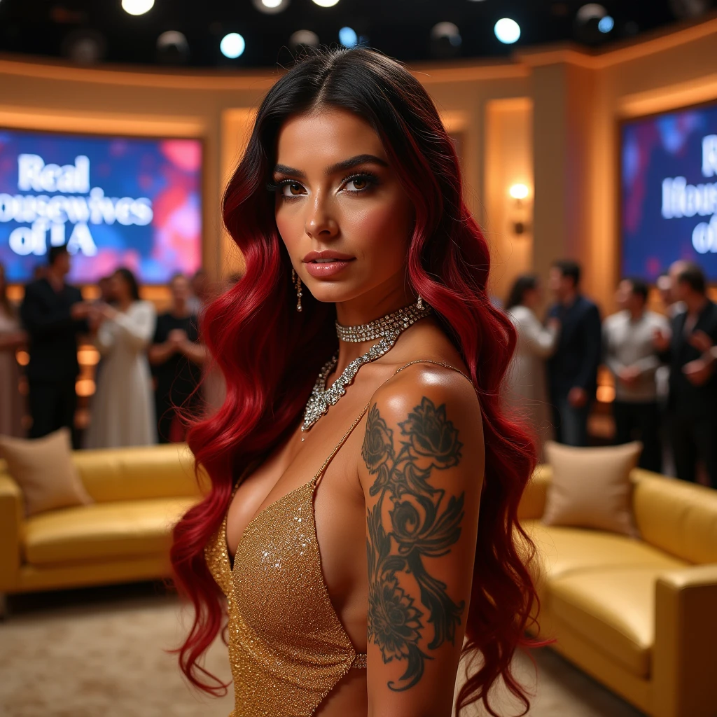 Full View 8K, A natural white female, with extra long wavy red n black hair, lashes, tattoos, plump lips, flawless eyebrows, diamond chain, wearing a long flowing butterfly gold dress, A live TV show stage with gold couches and a big live screen that says "Real Housewives OF LA" cameras flashing