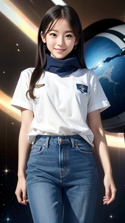 Highest quality, High resolution, Clear image, Concept Art, Night Sky, performer, moon, girl, smile, hair, eye, mouth, hand, feet, clothing, jeans, T-Shirts, scarf, Have, space, spaceship, spacesuit, astronaut, planet, Milky Way, beautiful, cute, comfortable, nature, dream-like, relaxed, Sparkling, cute