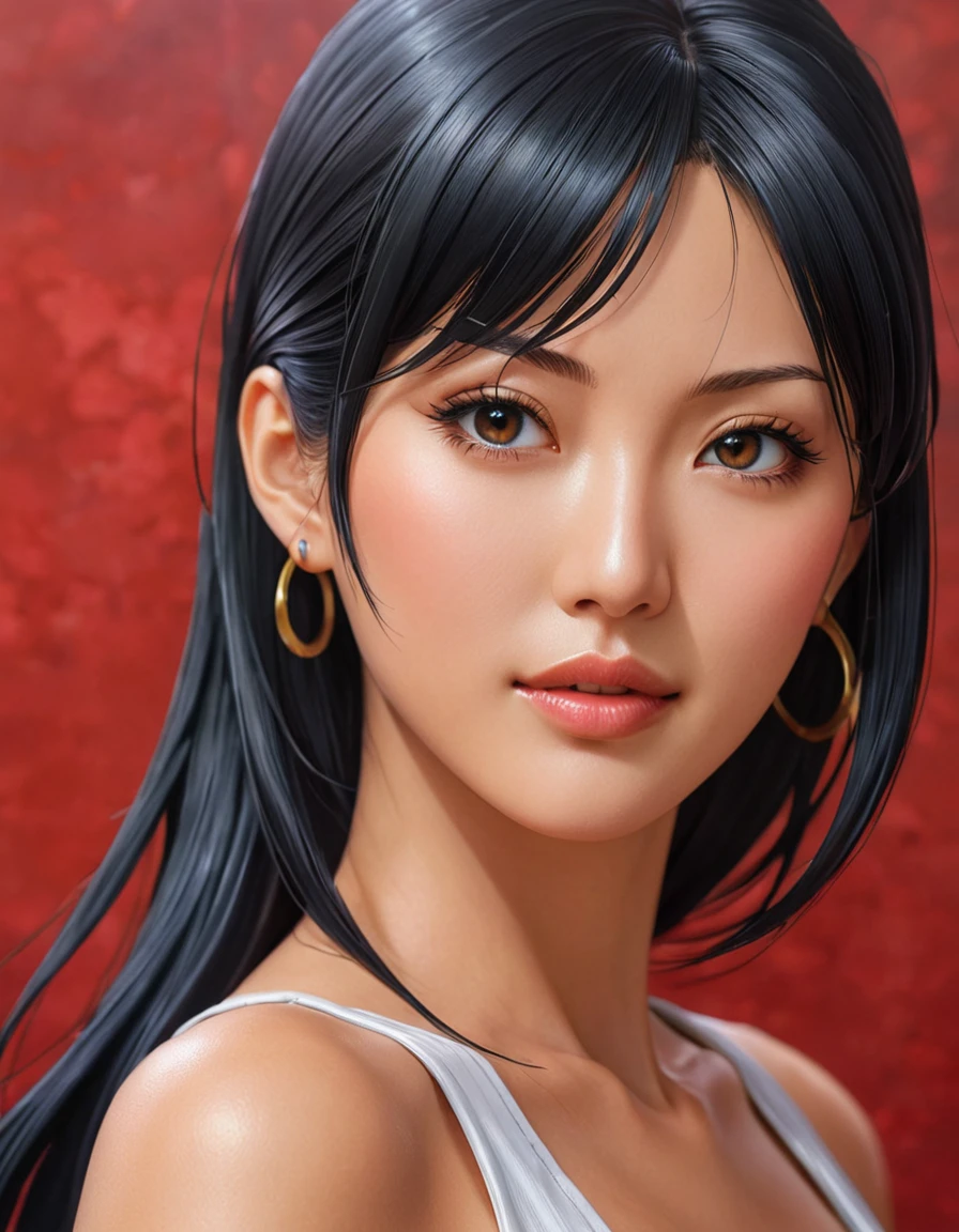 A close-up of an Asian woman, Nico Robin, produced by Anime Painter Studio, Realistic Anime Art Style, Realistic Anime Art Style, Marin Kitagawa Doujin Art, Beautiful Anime Portrait, Anime Realism Style, Beautiful Anime Woman, Drawn in Anime Painter Studio, High Quality Doujin Art, Range Murata and Art Germ, Beautiful Anime Art Style