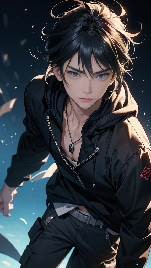 anime male guy named akira yamada, medium-length black hair with a few streaks of silver, symbolizing his mysterious nature. His eyes are a deep blue, almost like the ocean at night, and he has a slight scar on his left cheek. He’s about 5'10" with a lean, athletic build. His usual outfit consists of a dark hoodie with a high collar, black cargo pants, and combat boots. He also wears a pendant with an ancient symbol around his neck, Akira is a loner, quiet and reserved, but very intelligent and strategic. He has a strong sense of justice but prefers to work from the shadows. He’s often seen as cold and distant but has a soft spot for those he cares about, Akira is a former member of an elite group of warriors who protect the balance between the human world and the supernatural realm. After a tragic event, he left the group and now works alone as a vigilante, trying to uncover the truth behind what happened.