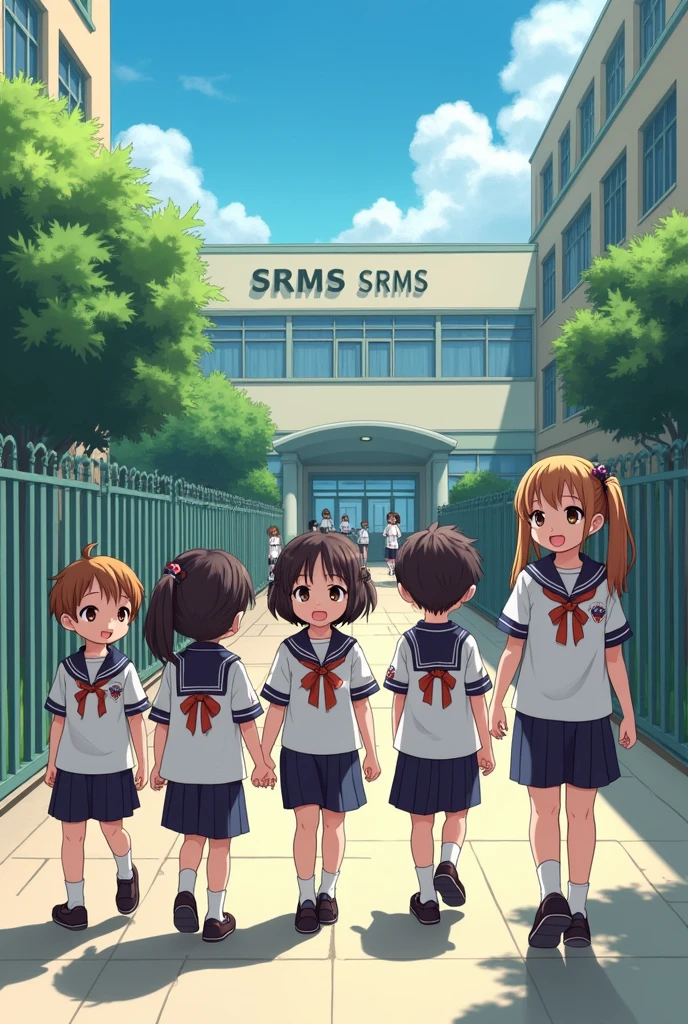 Children walking towards the school the school name is srms they won same uniform printed srms