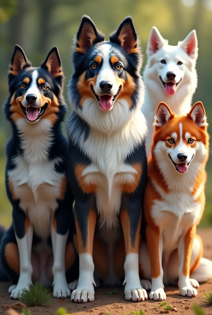 Group of dogs with a blue merle Australian Shepherd, a tricolor black, a tricolor red, a white swiss shepherd and a husky