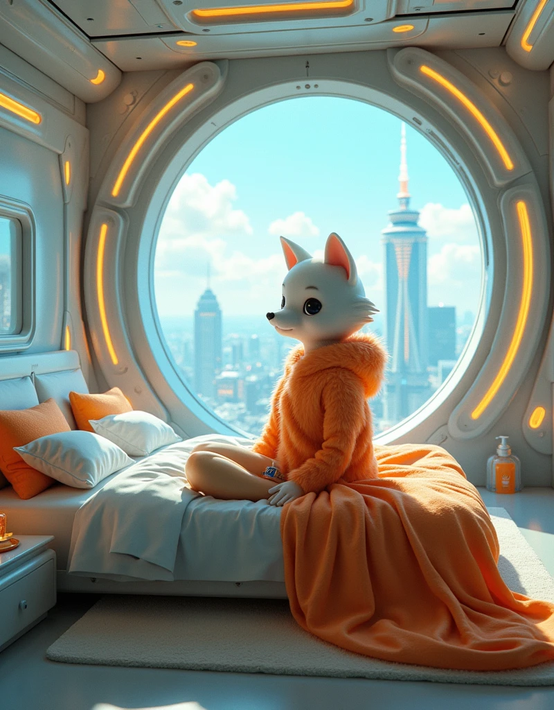 a gorgeous sci - fi bedroom matte painting by john harris, sparth and greg rutkowski. sharp edges, tiffany blue, grey orange, white and golden. sci - fi bedroom in a space base, outside the windows a future city skyline, light effect. ultra clear detailed, 3 d, octane render, ultra high quality, digital art, drawing, HDR, dreamlikeart, lens flare, upper body, looking at viewer, animal focus, furry, nudefursuit, 1girl, cute, kawaii, lovely, massive fur, fur head, narrow waist, animal ears, paw, paw shoes, (((Vibrator on crotch))) --v 6.1
