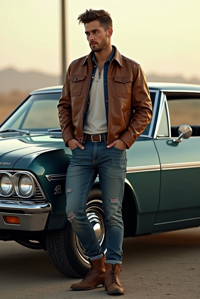 Draw a 20 year old man with a leather jacket, jeans and brown boots near a Chevy Impala 