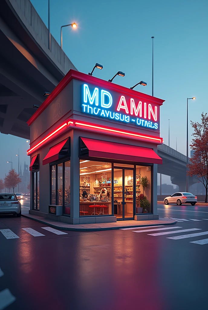 (photorealism:1.2), creat a logo name of 'Md Al Amin' baground a shop besid street highway