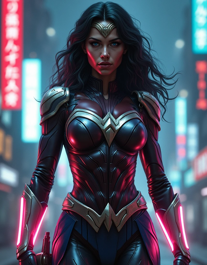 Wonder woman hyper realistic wearing a Wanda women costume futuristic glossy black and white suit glowing neon lights suit cyberpunk