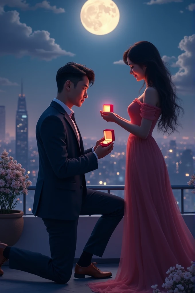 A moonlit rooftop, a gentle breeze carrying the scent of jasmine. A man, dressed in a tailored suit, kneels before his beloved. In his hand, a velvet box gleams. His eyes, filled with adoration, meet hers. As he opens the box, revealing a stunning diamond ring, he whispers, "Will you make me the luckiest man in the world and marry me?"