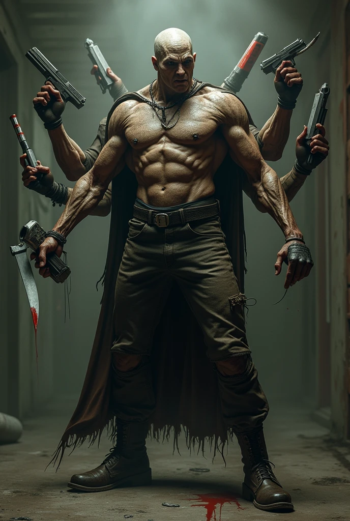 a realistic killer man who has the characteristic of being a multitasker, he has multiple arms and each one has an object and one of those arms has a knife