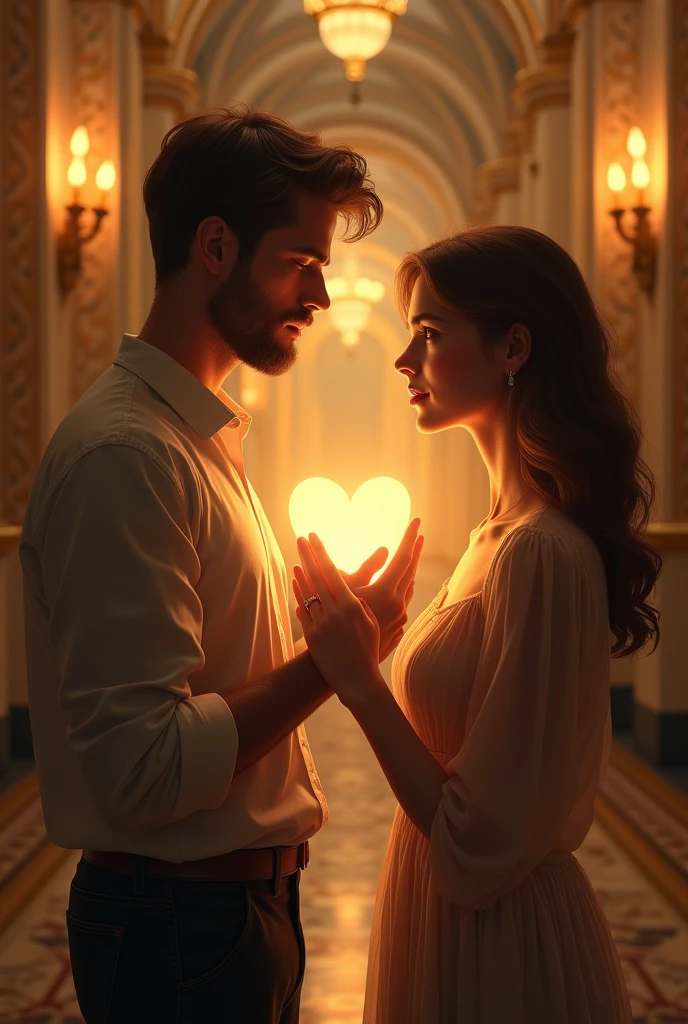 Prompt 1: In a golden hall, a man and a woman stand facing each other. The man’s hands are clasped together, as if asking for forgiveness. The woman’s expression is firm yet sensitive, as she points to her heart, which is illuminated in the soft, golden light, conveying that her heart is tender and not made of