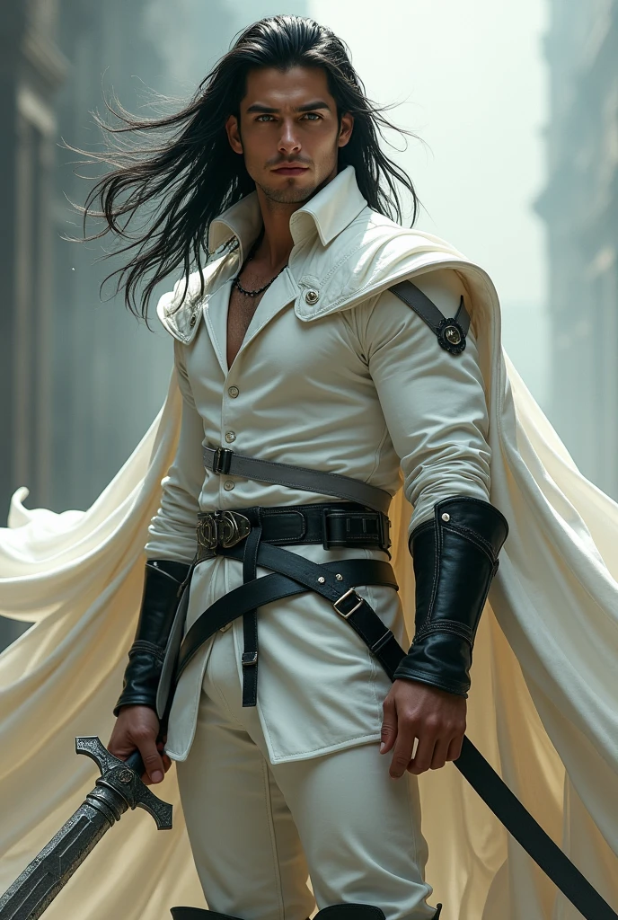 Young white man, 20 years old, muscular, green eyes, long straight black hair flying in the wind, white long sleeve shirt, white leather pants, white cloak with buttons, closed from neck to waist, black details on the buttons Black steel boots that extend to the knee Black steel sword with hilt wrapped in white ribbon Black steel armband