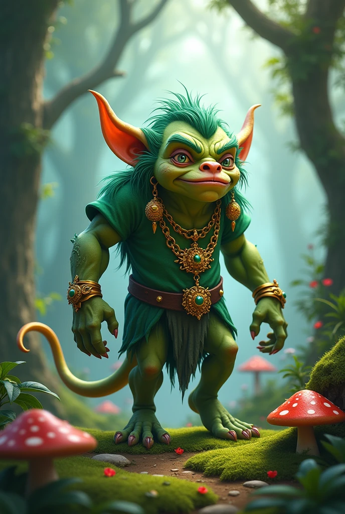 Animated troll in the forest with gol earings and necklaces, green chlotes an a long tail surronded by mushrooms and fog