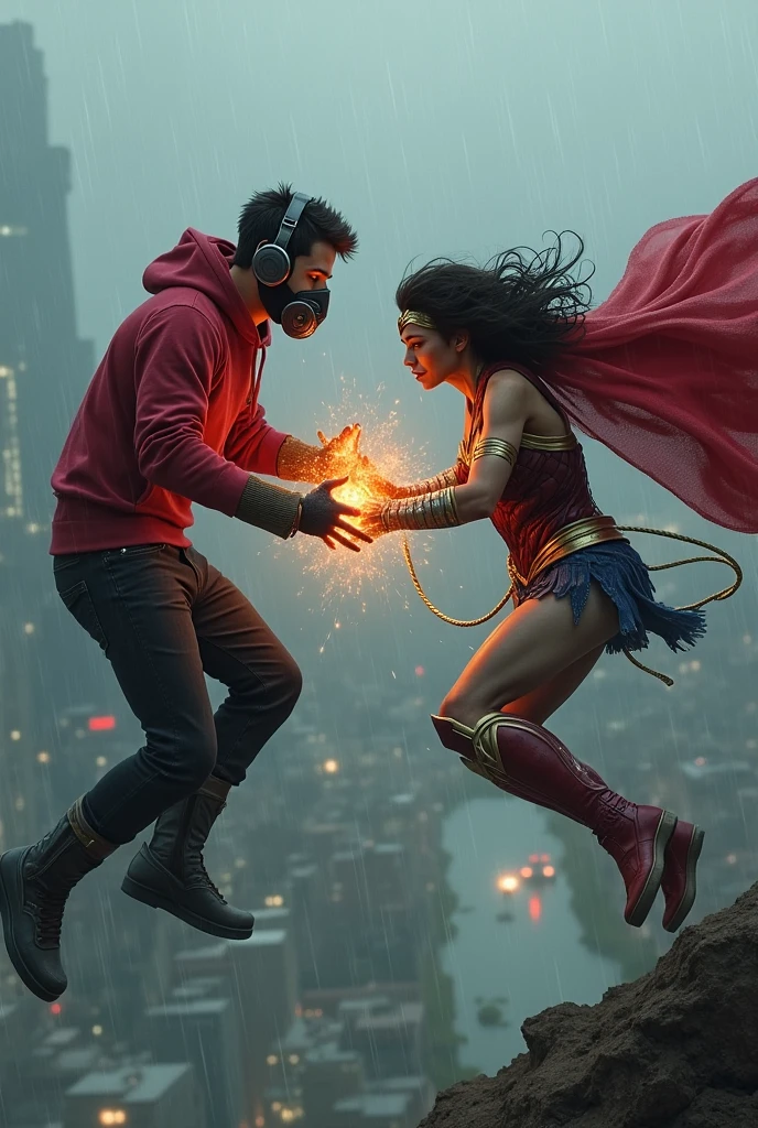 Young Star-lord with red hoodie, headphones, star-lord helmet, gas helmet, covered mouth, round red eyes, Red eyes, magic rings in the hands and rocket boots, Vs. Zombie Wonder Woman, Fighting, power, fiction, full body, magic lasso, hight, fall, fire in boots, poweful spells, realistic, helmet, mask, red cape, confrontation, punch, gun, flying in the sky, view of the city from above, rain, fighting over the spell book, Black gloves, ocean floor, face cover, free hair, front cover