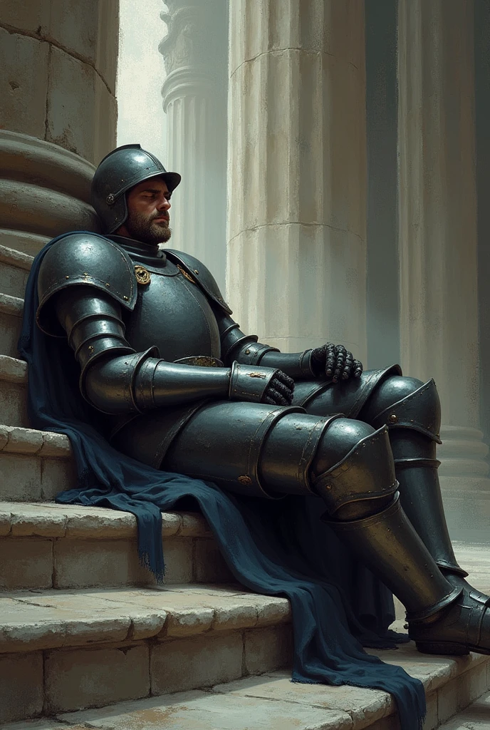 Man in armor sitting on stairs sleeping painting effect