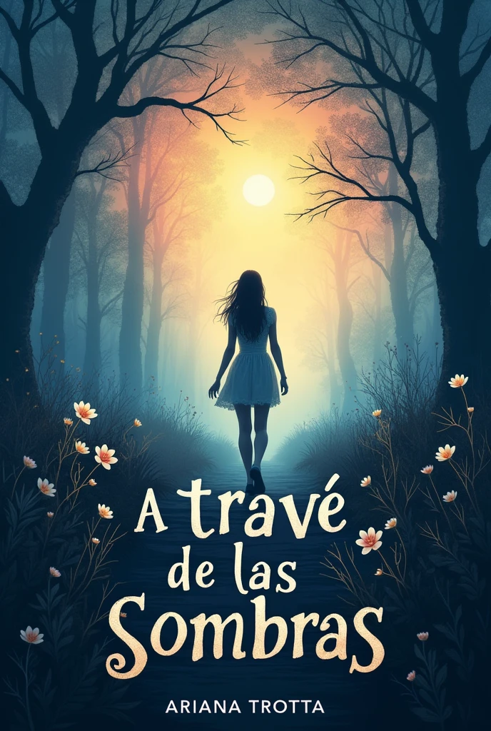 Descrizione per la Creazione della Copertinadel Libro
scrivi Title del Libro: A través de las sombras 
Autore Ariana Trotta


him e Atmosphere:

him: Shadows and light, with a message of hope and renewal through the personal journey of a young woman.
Atmosphere: The cover should evoke a sense of transformation and optimism. Even though it has elements of darkness, light and bright colors must predominate to convey hope and resilience.
Composition and Layout:

background: Choose a background that gradually transitions from dark tones to lighter tones., like a night sky that clears towards the horizon. Use colors like dark blue that fades into a pale blue or pale pink..
Central Element: It features a young woman as the central figure, moving along a path or toward a bright light. The woman can be depicted in silhouette or with delicate details, as he walks towards the bright horizon or through a landscape that lights up.
Additional Details: Insert elements like a sunrise or sunbeams emerging through shadows, symbolizing hope and overcoming difficulties. You can add details like blooming flowers or a light mist illuminated by sun rays to emphasize rebirth and hope..
Title e Testo:

Title: Through the shadows - positioned prominently, in the center or top of the cover. Use a bright and elegant font, like a refined serif or a modern calligraphy, with light colors that contrast with the background (for example, gold or silver).
Author&#39;s Name: [Your name] - positioned in a smaller size, preferably in the lower part of the cover. Use a simple yet elegant font, that harmonizes with the title.
Colors and Style:

Main Colors: Dark shades of blue and grey blending with light tones of light blue, gold and white. This contrast must represent the passage from the os