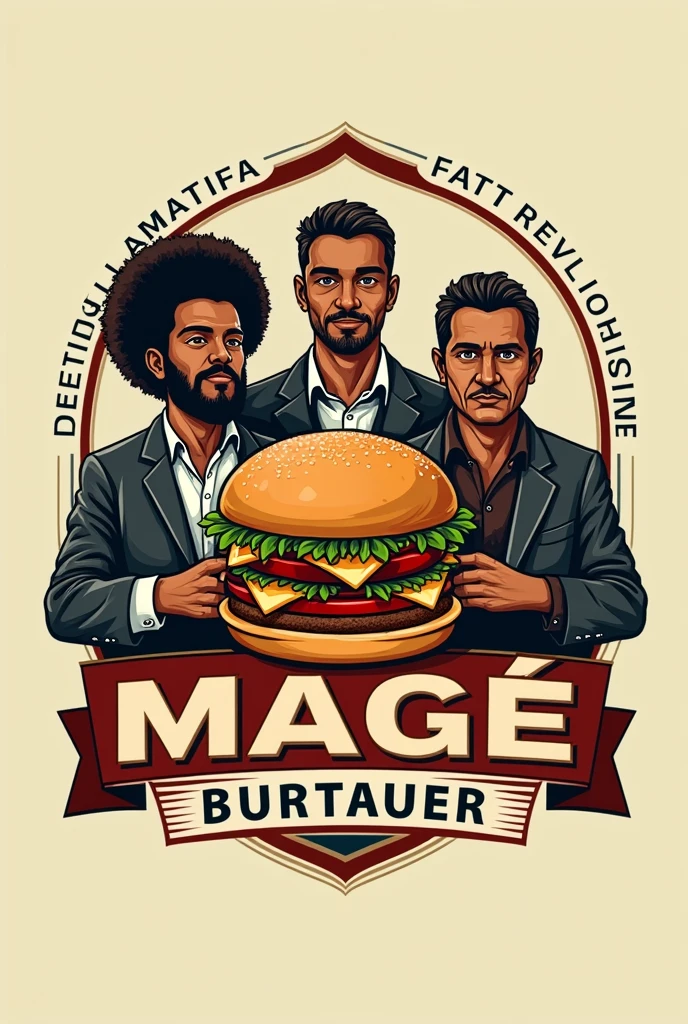 Create a Logo for a Burger Restaurant called Magé Burguer that contains the historical elements of the city, For example:The oldest city in Rio de Janeiro is where the Portuguese first set foot.. There you will find the first railway line in Brazil. Baron of Mauá lived in this city. Father José de Anchieta passed through the city. Mané Garrincha was born there. I want the logo to express the characters well and make reference to the hamburger., For example barão de Mauá, Mané Garrincha eating, an Indian and Father José de Anchieta eating a hamburger on the railway line