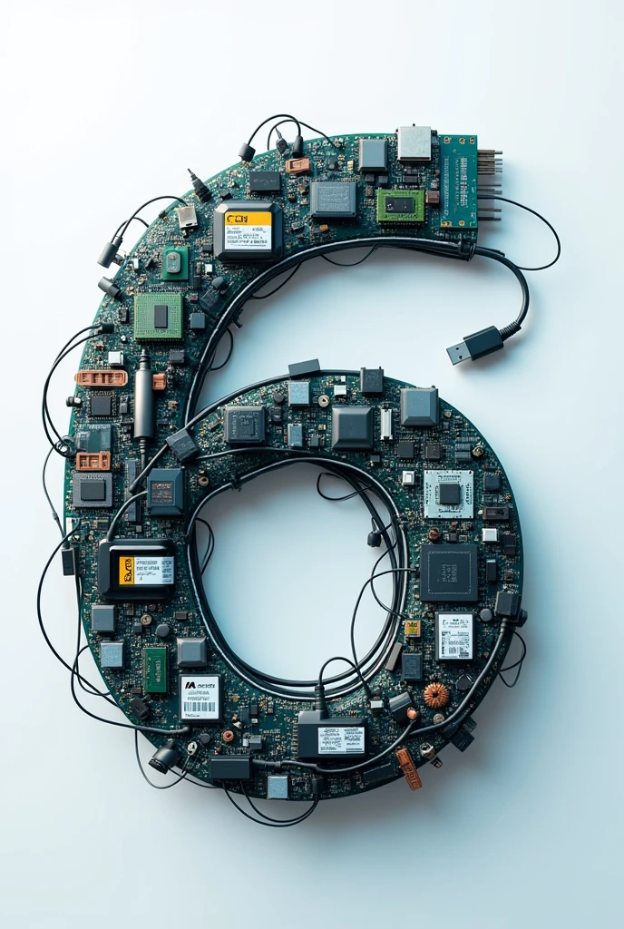 Create a title that says "6th Computer Science" using technology objects.
- He "6" It may be a bent USB cable.
- The "n" It can be a desktop headset.
- Use other technological objects (memory chips, Mouse, keyboard) to form the other letters.