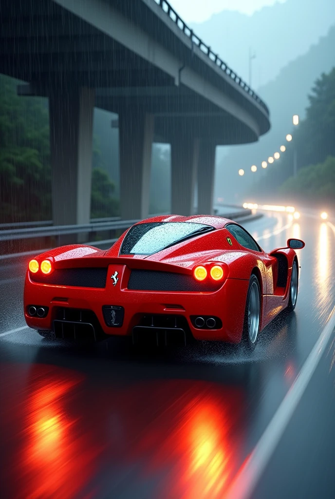 hyper realistic, professional photo, natural yet pristine lighting and vibrant colors of a ferrari enzo, speeding on a highway during heavy rain, rear