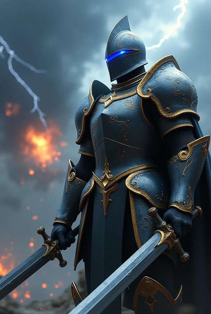 A formidable knight clad in full armor, wielding two gleaming swords in a battle-ready stance. The warrior's figure is prominently positioned towards the right side of the image, adorned in a black suit highlighted with regal gold embellishments. Atop his head rests a helmet with a striking blue visor, fashioned in a triangular shape with sharp, menacing edges. The swords extend long and pointed, contrasting the intricate and ornate designs that adorn the knight's formidable armor. The backdrop sets a dramatic tone with a turbulent and stormy sky punctuated by flashes of lightning and explosive bursts. The color palette weaves a dark and ominous atmosphere, blending shades of blue, black, and gold to amplify the scene's intensity.