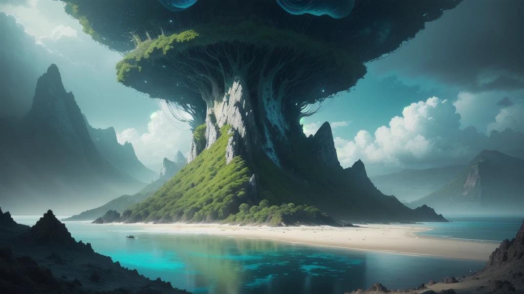 Photorealistic drone photo of a mountain slope mountainside in an alien jungle on the ocean shore. In the center of the picture is a women. She stepped on a lonely unknown planet, A certain visible and invisible oceans stretched before the eyes of the astronaut, boasting a variety of shades from turquoise to deep blue. Islands, covered with strange and magical trees, shone on the surface of the water, Like little gems. Kodak ektar film, 35mm photography, professional lighting, deep aesthetic, microscopic details, contemporary art, dreamlike surrealism, The scene is epic and mysterious, reminiscent of the X-Files, dreamy, ethereal, ultra-detailed, Strong contrast, Good depth of field, 8K wallpaper, Masterpiece, Aesthetic illustration in realistic style, Dark Clouds almost completely covered the sky, the air is very humid, urgently outside, In the background, huge, incomprehensible but interesting and exciting jellyfish-shaped capsules grow from the ground into the sky, alien structures look like jellyfish in the background