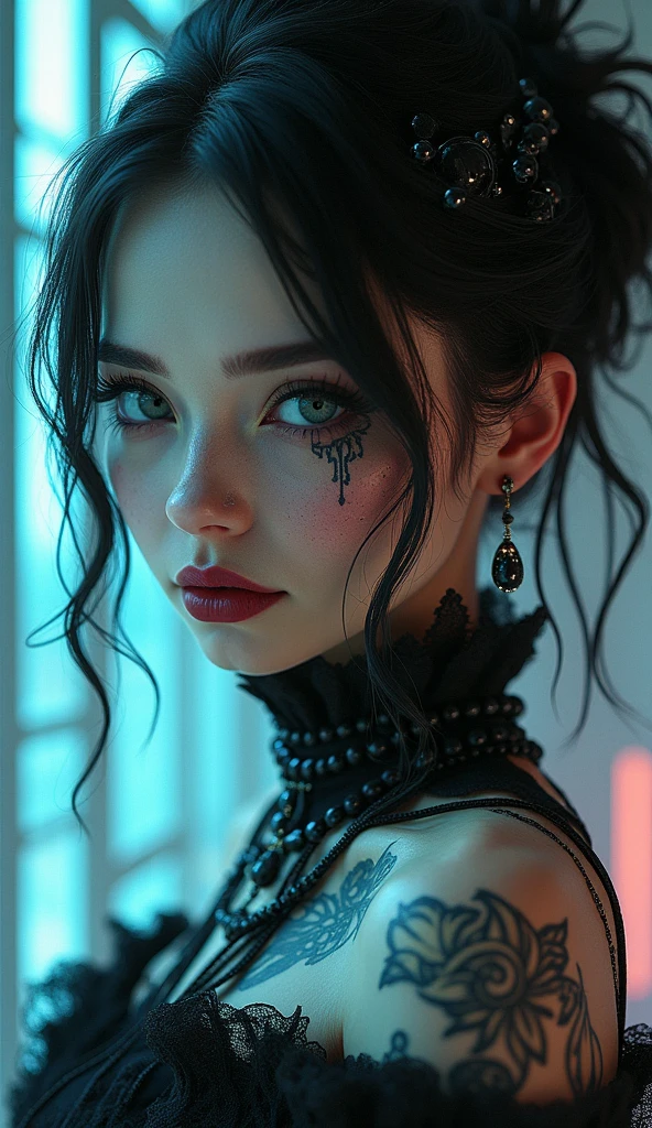 A captivating close-up of a gothic-styled woman adorned with a cyberpunk tattoo against a backdrop of trendy computer-generated graphics society. The ethereal beauty of the woman is accentuated by the dark gothic aesthetic, With a touch of fantasy and neo-gothic style. Her striking gothic visage is the focal point of this stunning digital artwork, created in the distinctive style of Tom Bagshaw. This magnificent digital masterpiece exudes a charming gothic charm.