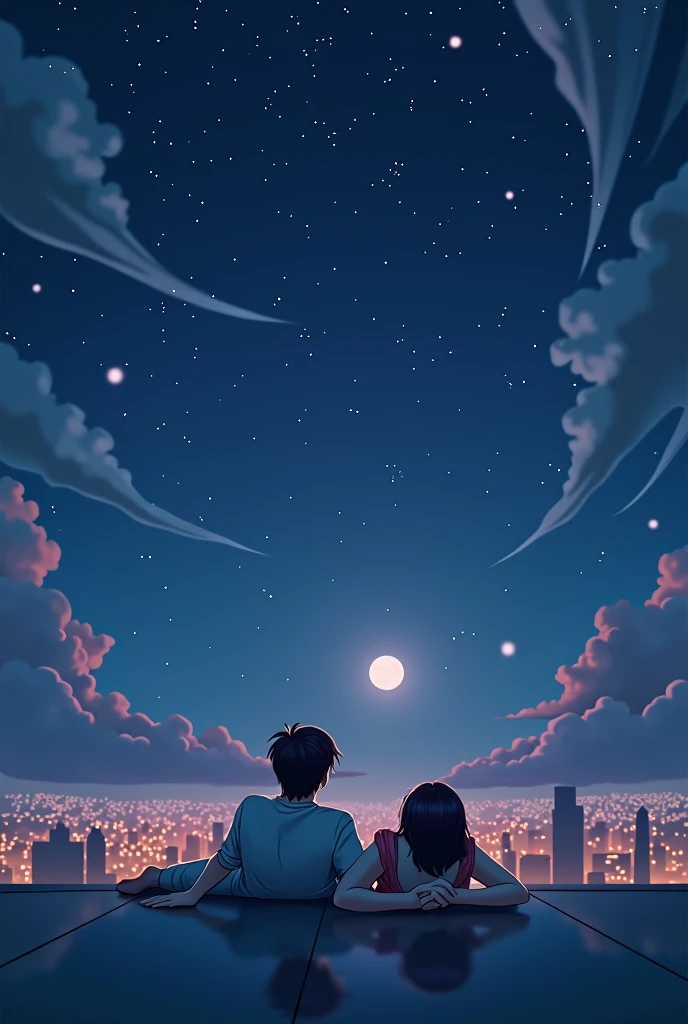 Couple lying on rooftop looking at moon and stars shining.